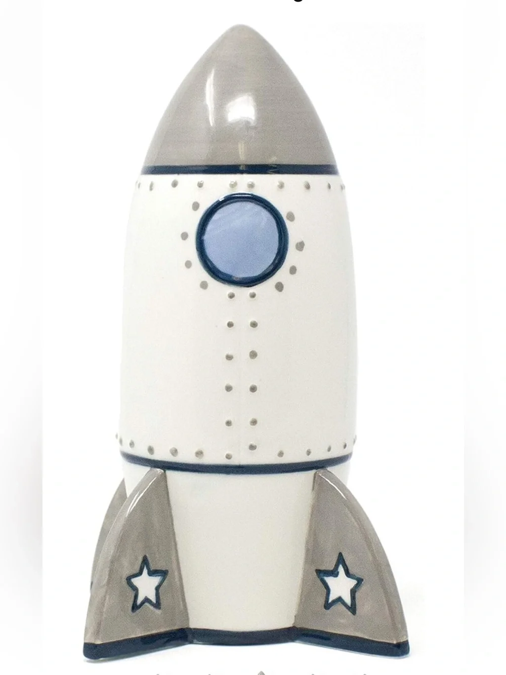 Roger Rocket Ceramic Piggy Bank for coins and treasures - White, Gray & Blue